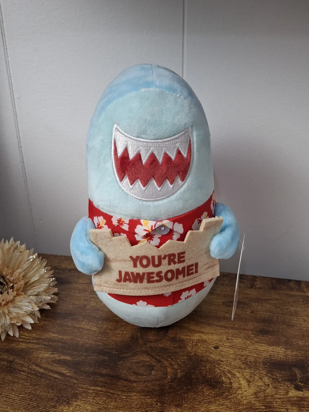 Blue 'You're Jawesome' Plush Shark with Red Floral Hawaiin Shirt Gift CardHolder